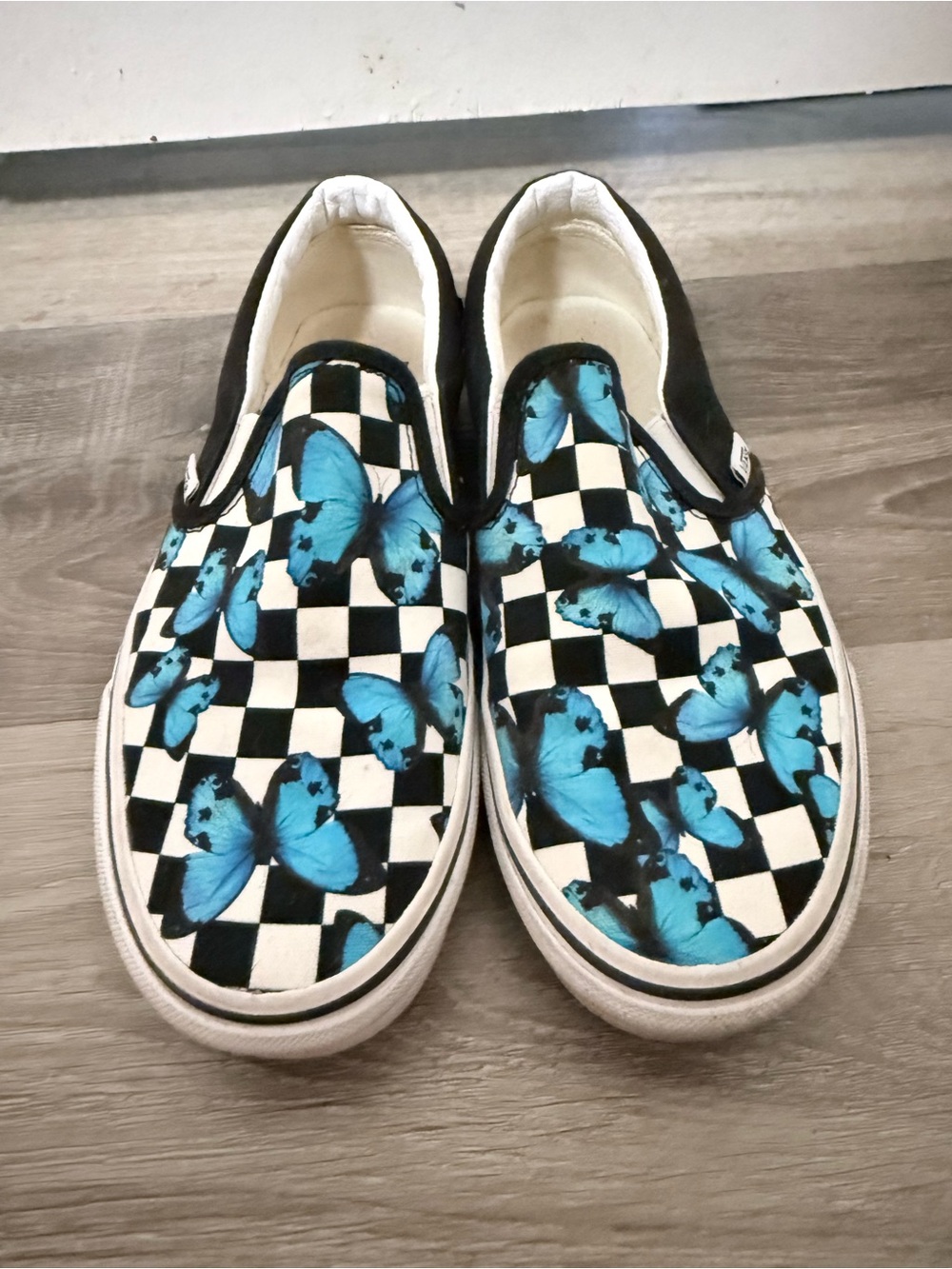 Vans Blue Butterfly Checkerboard Slip-On Shoes